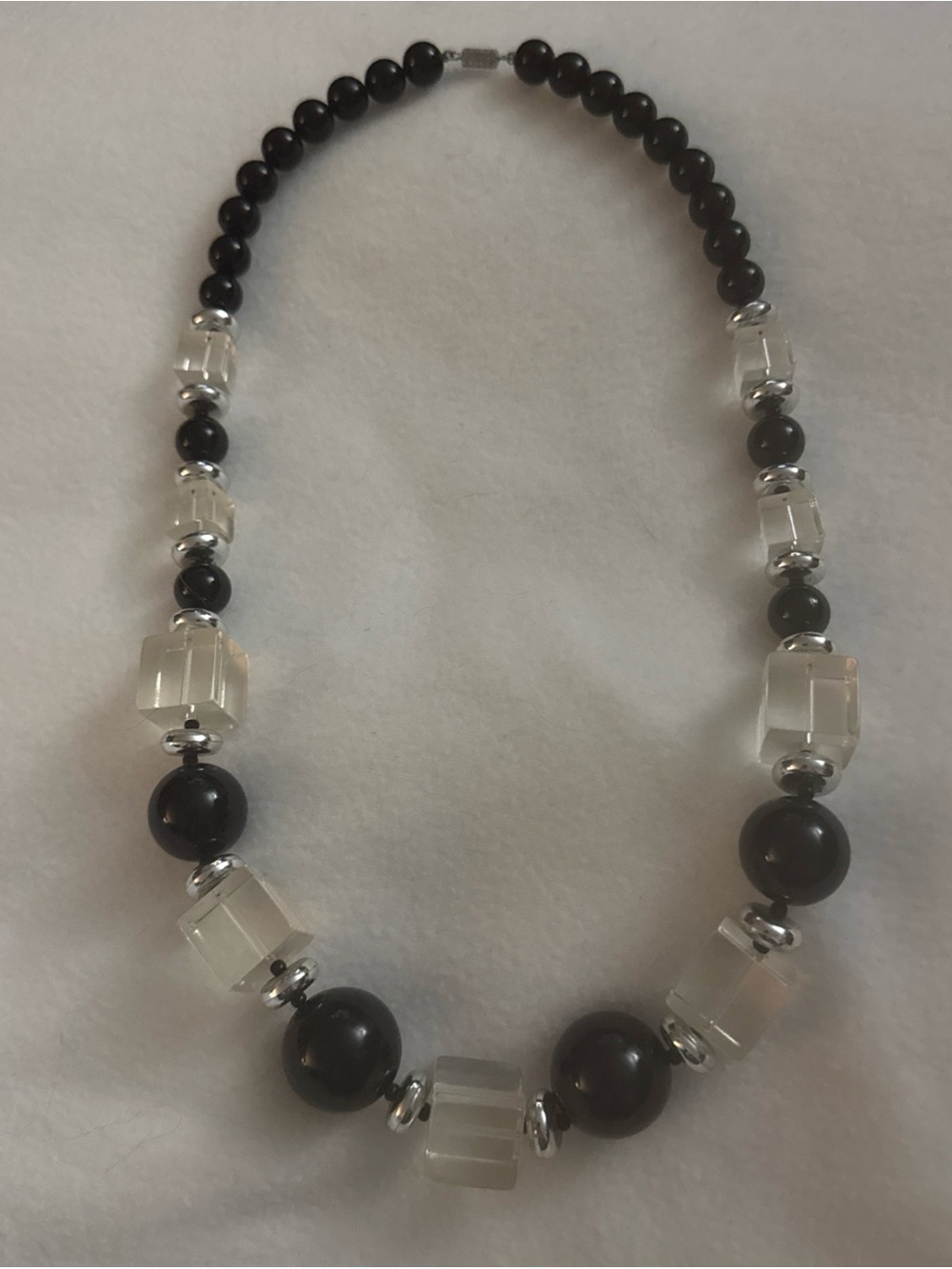 Vintage Black, Silver tone and Clear Lucite Beaded Necklace
